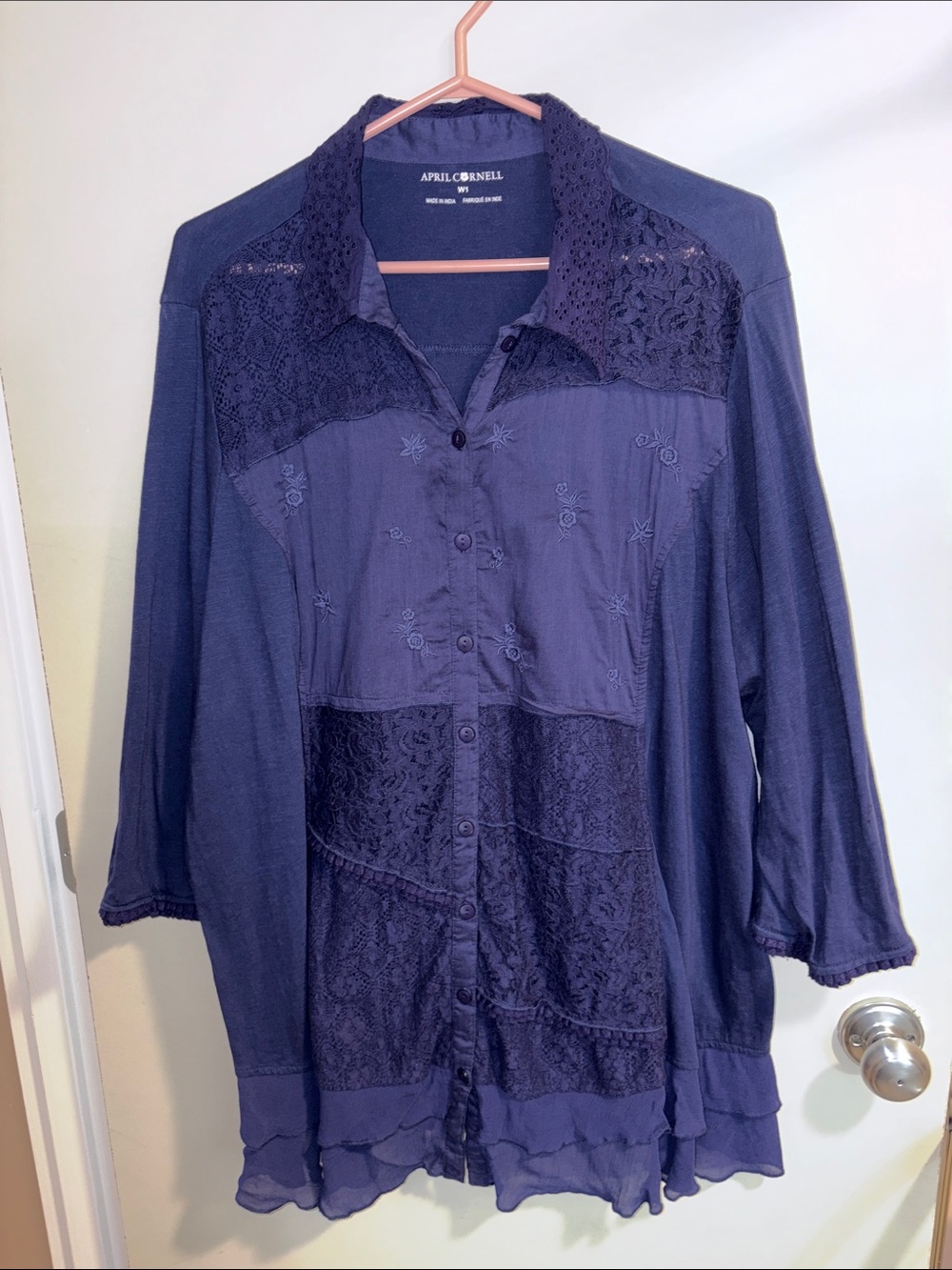 April Cornell Navy Blue Lace & Embroidered Button-Down Blouse